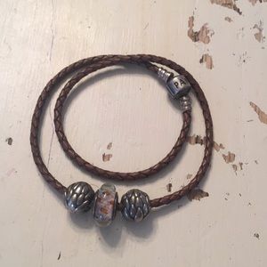 Pandora leather wrap bracelet with 3 charms